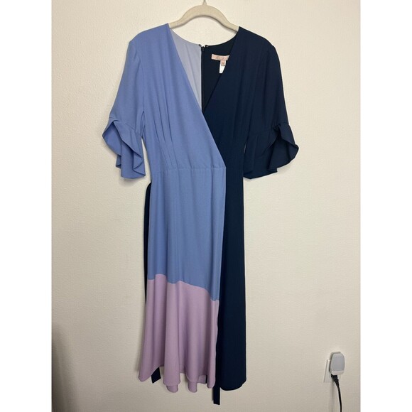 Hutch Small Colorblock Crepe Faux Wrap Midi Dress Blue Purple Flutter Sleeve - Picture 5 of 13